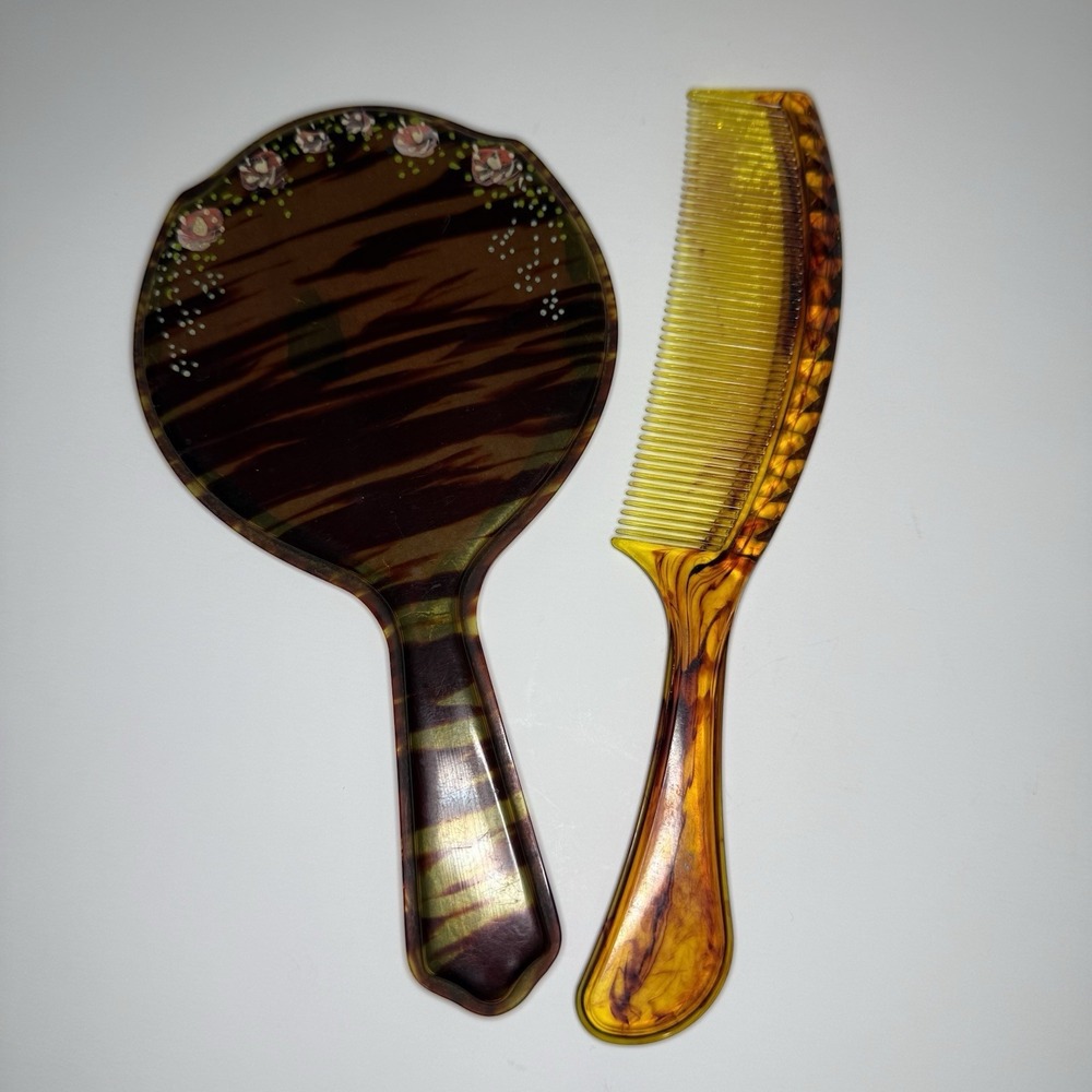 Antique Victorian Faux Tortoise Shell Celluloid Handled Mirror Brush Vanity 8"